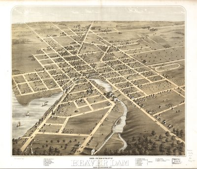 Gezicht in vogelvlucht op de stad Beaver Dam, Dodge Co, Wisconsin 1867. LOC 73694535 door A.; Chicago Lithographing Co. Ruger