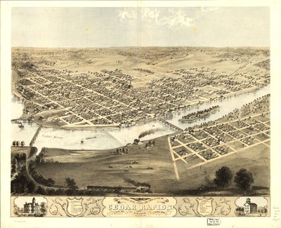 Vogelvlucht van de stad Cedar Rapids en Kingston, Linn Co, Iowa 1868. LOC 73693391 door A.; Chicago Lithographing Co. Ruger