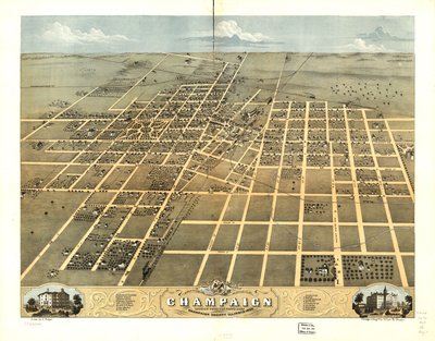 Gezicht in vogelvlucht op de stad Champaign, Champaign County, Illinois 1869. LOC 73693348 door A.; Chicago Lithographing Co. Ruger
