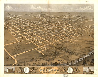 Gezicht in vogelvlucht op de stad Decatur, Macon Co, Illinois 1869. LOC 73693354 door A.; Chicago Lithographing Co. Ruger