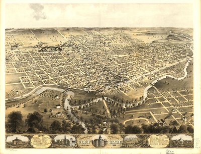 Gezicht in vogelvlucht op de stad Fort Wayne, Indiana 1868. LOC 73693381 door A.; Chicago Lithographing Co. Ruger
