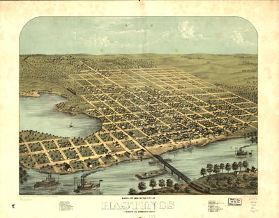 Gezicht in vogelvlucht op de stad Hastings, Dakota Co, Minnesota 1867. LOC 73693453 door A.; Chicago Lithographing Co. Ruger