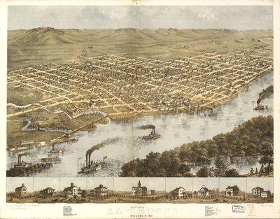 Vogelvlucht van de stad La Crosse, Wisconsin 1867. LOC 73694545 door A.; Chicago Lithographing Co. Ruger