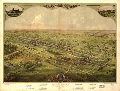 Vogelvlucht van de stad Lansing, Michigan 1866. LOC 73693436 door A.; Chicago Lithographing Co. Ruger