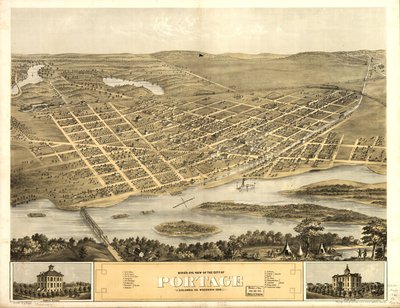 Gezicht in vogelvlucht op de stad Portage, Columbia Co, Wisconsin 1868. LOC 73694548 door A.; Chicago Lithographing Co. Ruger