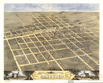 Gezicht in vogelvlucht op de stad Sandwich, De Kalb County, Illinois 1869. LOC 73693372 door A.; Chicago Lithographing Co. Ruger