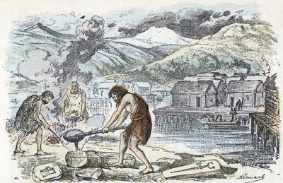 Prehistorie, bronstijd: gieterijwerkplaats nabij een paalwoning nederzetting (gravure uit 