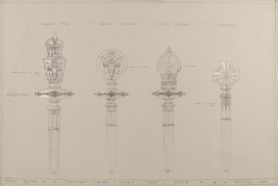 Hoogaltaar: voorgestelde gouden en zilveren staven en knotsen, werkelijke grootte door A. Edward Jones and Co.
