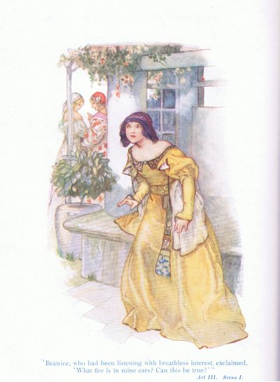 Beatrice, die met ingehouden adem had geluisterd, riep uit "Wat vuur is in mijn oren, kan dit waar zijn?" (Veel Gedoe om Niets), uit Tales from Shakespeare uitgegeven door Ward Lock & Co Ltd door A. Jackson