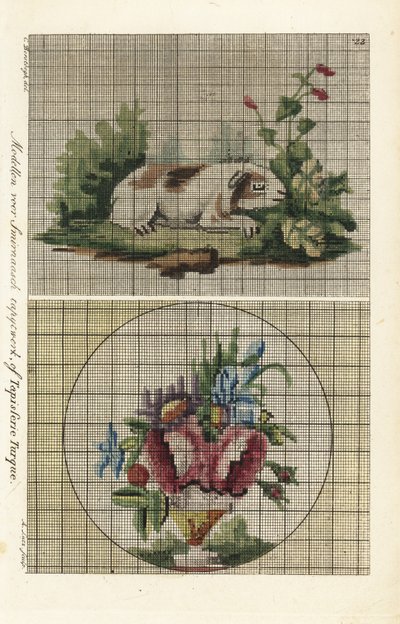 Patronen voor Turkse tapijten: cavia in een tuin en boeket bloemen in een vaas door A. Lutz