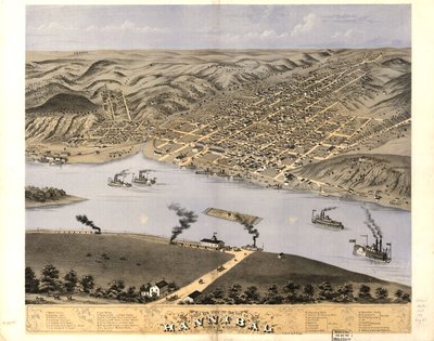 Gezicht in vogelvlucht op de stad Hannibal, Marion Co, Missouri 1869. LOC 73693475 door A. Ruger