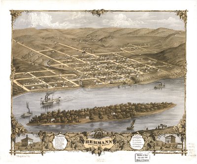 Vogelvlucht van de stad Hermann, Gasconade Co, Missouri 1869. LOC 73693476 door A. Ruger