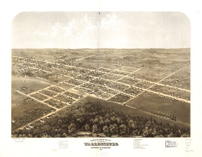 Gezicht in vogelvlucht op de stad Warrensburg, Johnson Co, Missouri 1869. LOC 73693492 door A. Ruger