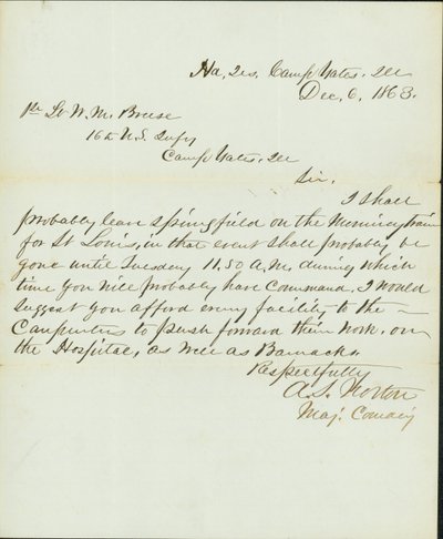 Brief ondertekend A.S. Norton, Major Commanding, Hoofdkwartier, Camp Yates, Ill., aan 1e Luitenant W.M. Breese, 16e U.S. Infanterie, Camp Gates, Ill., 6 december 1863 door A. S. Norton