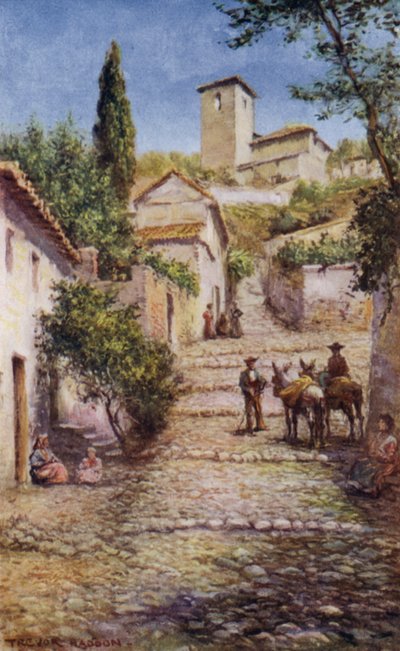 Granada, Straat in de oude wijk (kleur litho) door A. Trevor Haddon