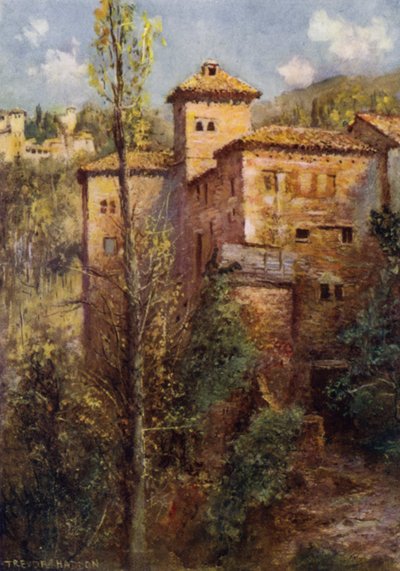 Granada, Torre de las Damas (kleur litho) door A. Trevor Haddon