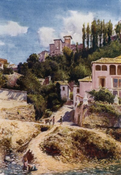 Het Alhambra, Torre de las Damas vanaf de rivier Darro (kleur litho) door A. Trevor Haddon