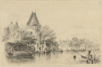 Landschap met een toren aan het water door A. van Ameyden