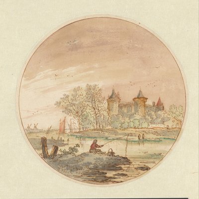 Landschap met een hengelaar en een kasteel door Aarnout ter Himpel