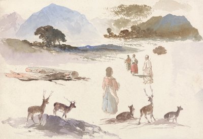 Blad met studies van herten, figuren en landschap door Aaron Edwin Penley