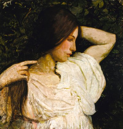 Meisje dat haar haar arrangeert door Abbott Handerson Thayer