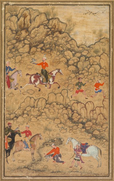 Jagen met valken in een landschap, Verso: Kalligrafie van Chaghatai Turkse gedichten..., ca. 1558-60 door Abd al Samad