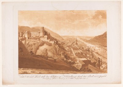 Gezicht op de noordoostzijde van Heidelberg met links Schloss Heidelberg Die Ost und Nord seite des Schlosses zu Heidelberg samt der Stadt und Gegend door Abel Schlicht