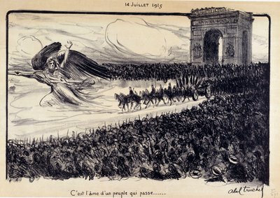 Eerste Wereldoorlog: “Het is de ziel van een voorbijgaand volk” Viering van 14/07/1915. De allegorie van de Republiek die het volk leidt voor de Arc de Triomphe in Parijs. Tekening door Abel Truchet (1857-1918) door Abel Truchet