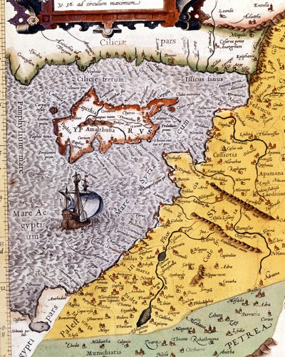 Historische geografische kaart van Palestina volgens de Atlas van Abraham Ortelius, Amsterdam door Abraham (after) Ortelius