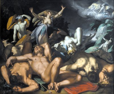 Deens: Apollo en Diana straffen Niobe door haar kinderen te doden Apollo en Diana straffen Niobe door haar kinderen te doden door Abraham Bloemaert