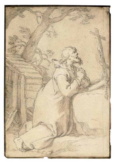 Sint Paulus van Phermae knielend in gebed voor een kruisbeeld door Abraham Bloemaert