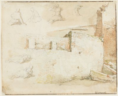 Studies van een bakstenen muur en enkele figuren, van achteren gezien door Abraham Bloemaert