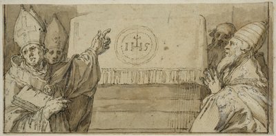 De vier Latijnse kerkvaders voor een altaar door Abraham Bloemaert