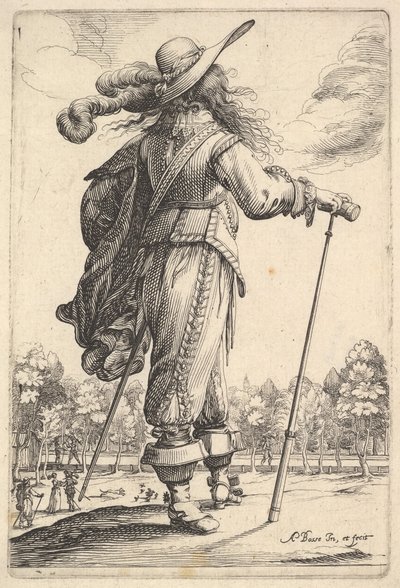 Een heer, van achteren gezien, lopend naar rechts met een wandelstok en een gevederde hoed..., 1629 door Abraham Bosse