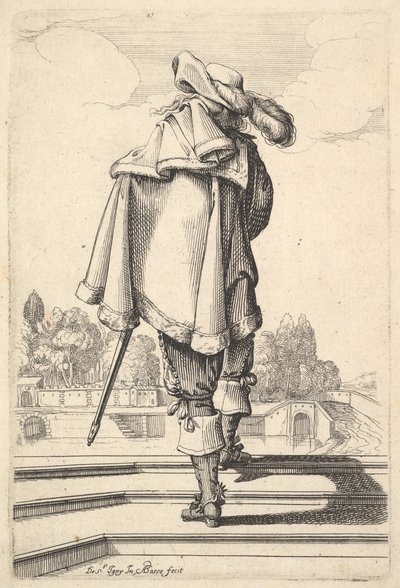 Een heer, gezien van achteren, lopend op een borstwering, met een mantel over zijn linkerschouder..., 1629 door Abraham Bosse
