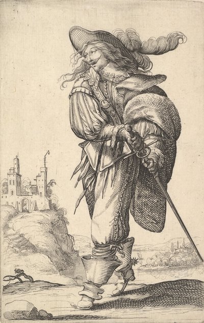 Een heer, lopend naar links en zijn zwaard uit de schede trekkend, met een plu... door Abraham Bosse