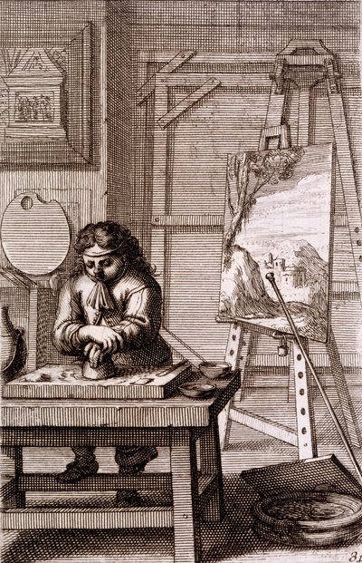 Een leerling-kunstenaar die een graveerplaat schoonmaakt, uit 