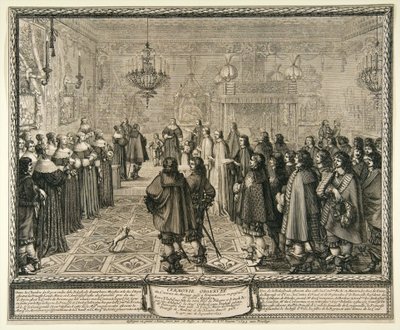 Ceremonie van het huwelijkscontract van Władysław IV en Marie Louise Gonzaga in Fontainebleau. door Abraham Bosse