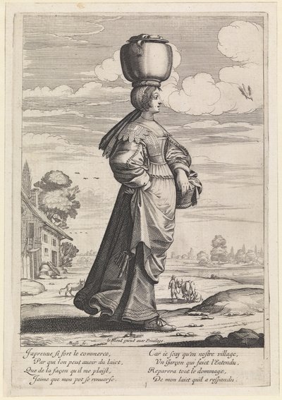 Naar rechts lopende vrouw in een landschap, een pot op haar hoofd dragend door Abraham Bosse