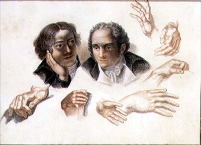 Studies van twee herenhoofden en handen door Abraham Constantin