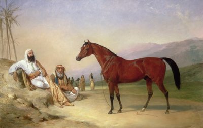 Twee Bedoeïenen met een Bruine Arabische Hengst in de Woestijn door Abraham Cooper