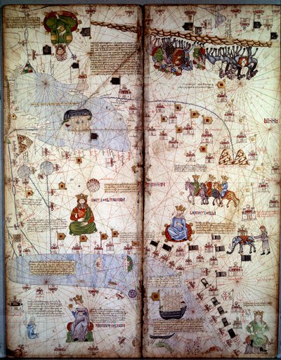 Kaart: Kaart van Cathay (Catai) oude naam van Mongools China in Centraal-Azië en Europa. Er zijn: Delhi (India), met de Aral Zee, de Wolga, de Kaspische Zee, de Kaukasus, de Eufraat, het Arabisch Schiereiland en de steden Dehli (India) door Abraham Cresques