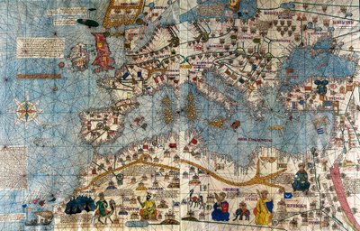 Catalaanse kaart van het Europese continent met de Atlantische en de Middellandse Zee door Abraham and Cresques Jehuda Cresques