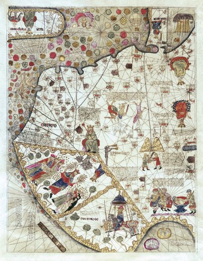 Kaart van China (Cathay), met beschrijvingen van kleine scènes, afbakening van de koninkrijken met hun soeverein telkens afgebeeld door Abraham and Cresques Jehuda Cresques