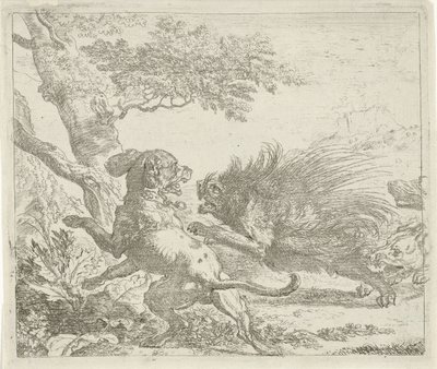 Stekelvarken door honden aangevallen door Abraham Danielsz. Hondius