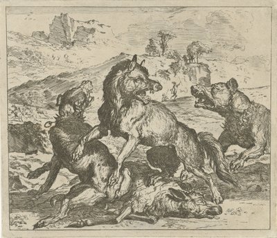 Wolf aangevallen door honden door Abraham Danielsz. Hondius