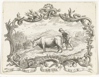 Boer die een akker ploegt met twee ossen, in cartouche door Abraham Delfos