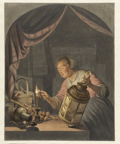 Meisje, een lantaarn ontstekend door Abraham Delfos