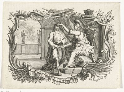 Minerva beloont of huldigt man voor zijn werk, in cartouche door Abraham Delfos