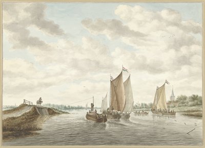 Rivierlandschap met verschillende schuiten door Abraham Delfos